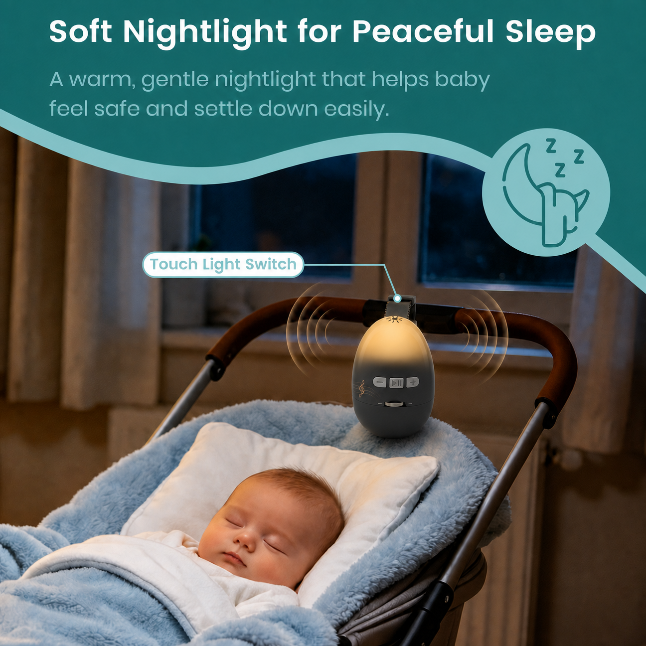 White Noise Baby Sleep Soother with Night Light Stroller Clip