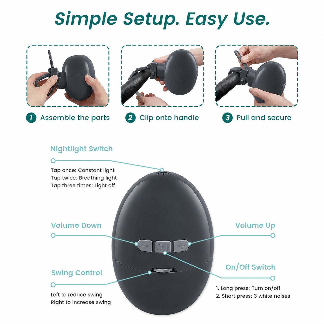 White Noise Baby Sleep Soother with Night Light Stroller Clip
